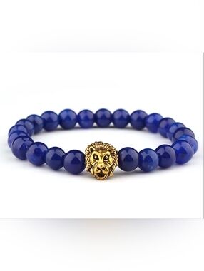 Men's Blue Beaded Bracelet with Gold Lion Accent